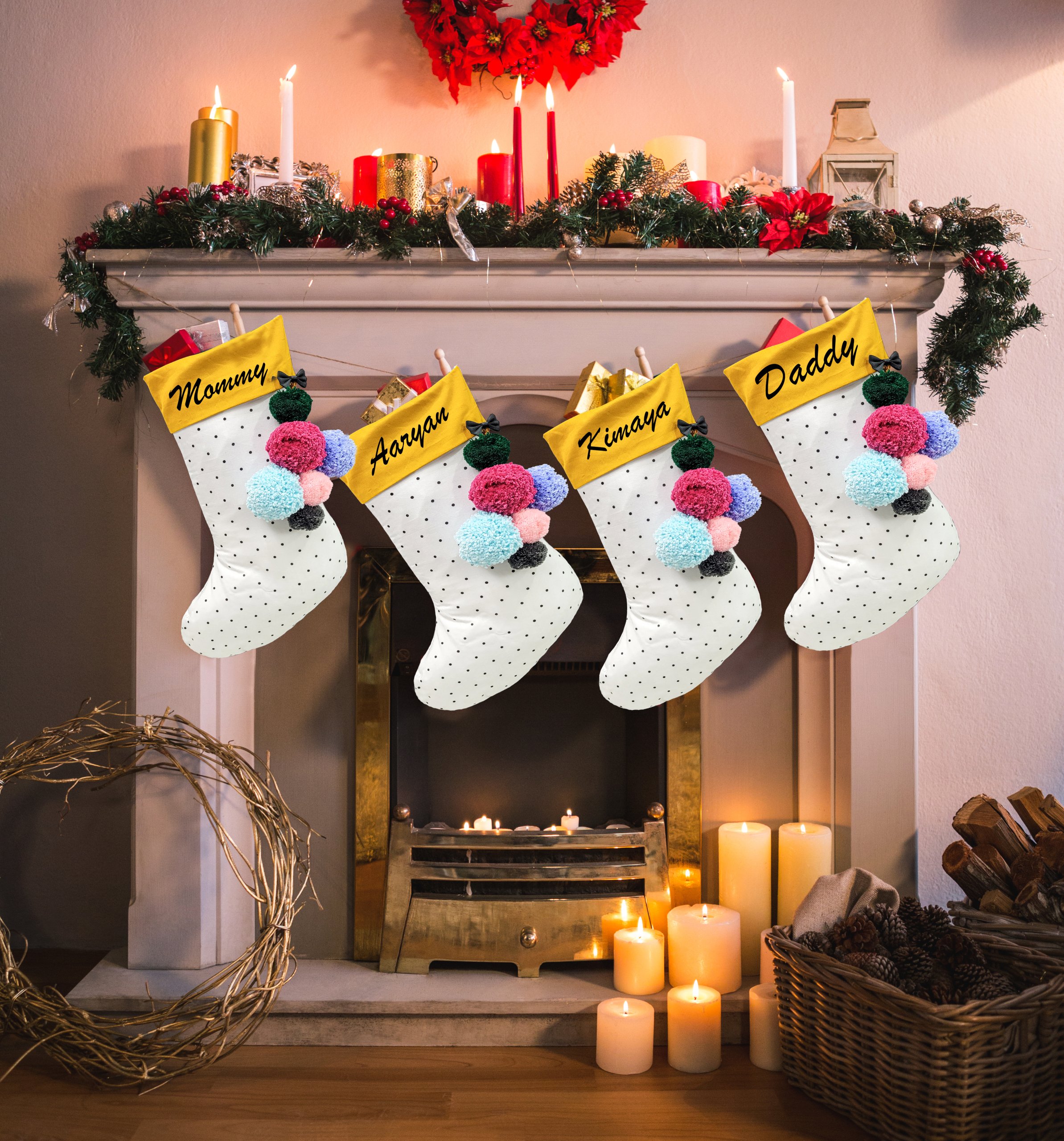 Fireplace decorate with christmas decor and ornaments