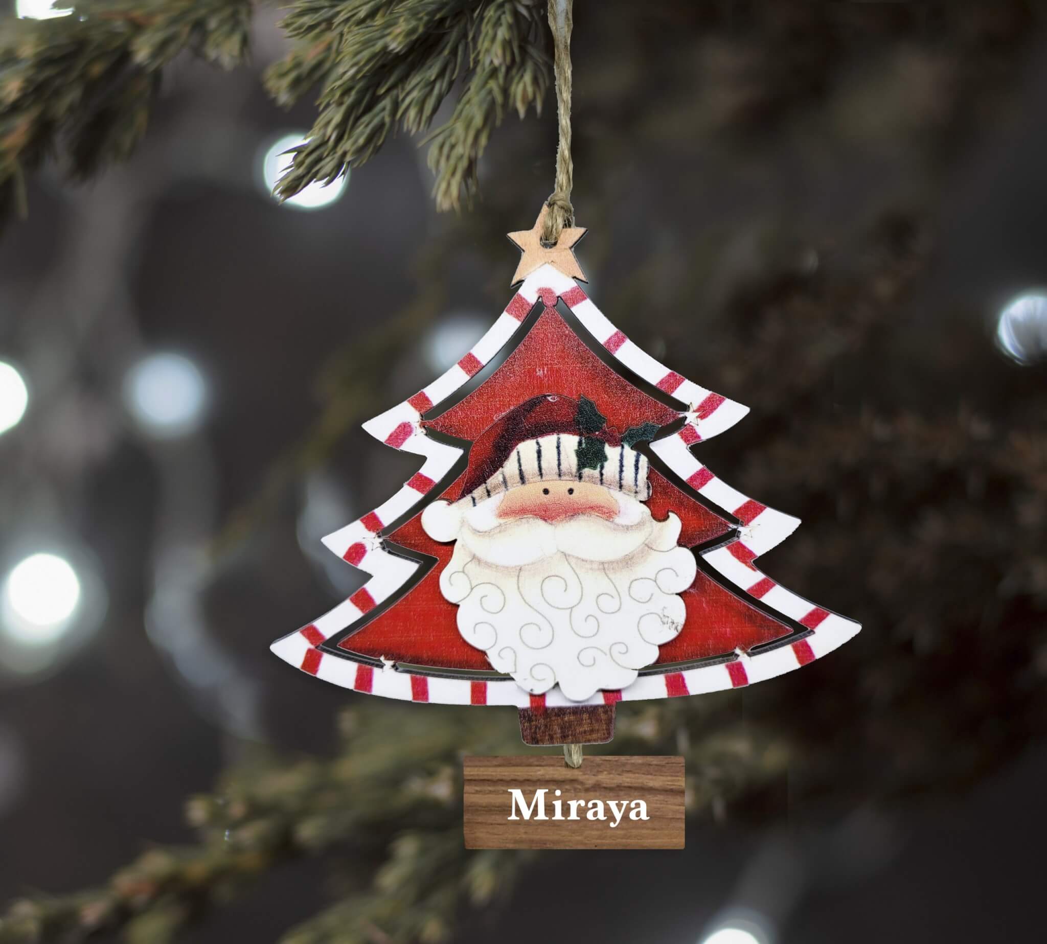 WOODEN CHRISTMAS TREE WITH SANTA ORNAMENT - RED2