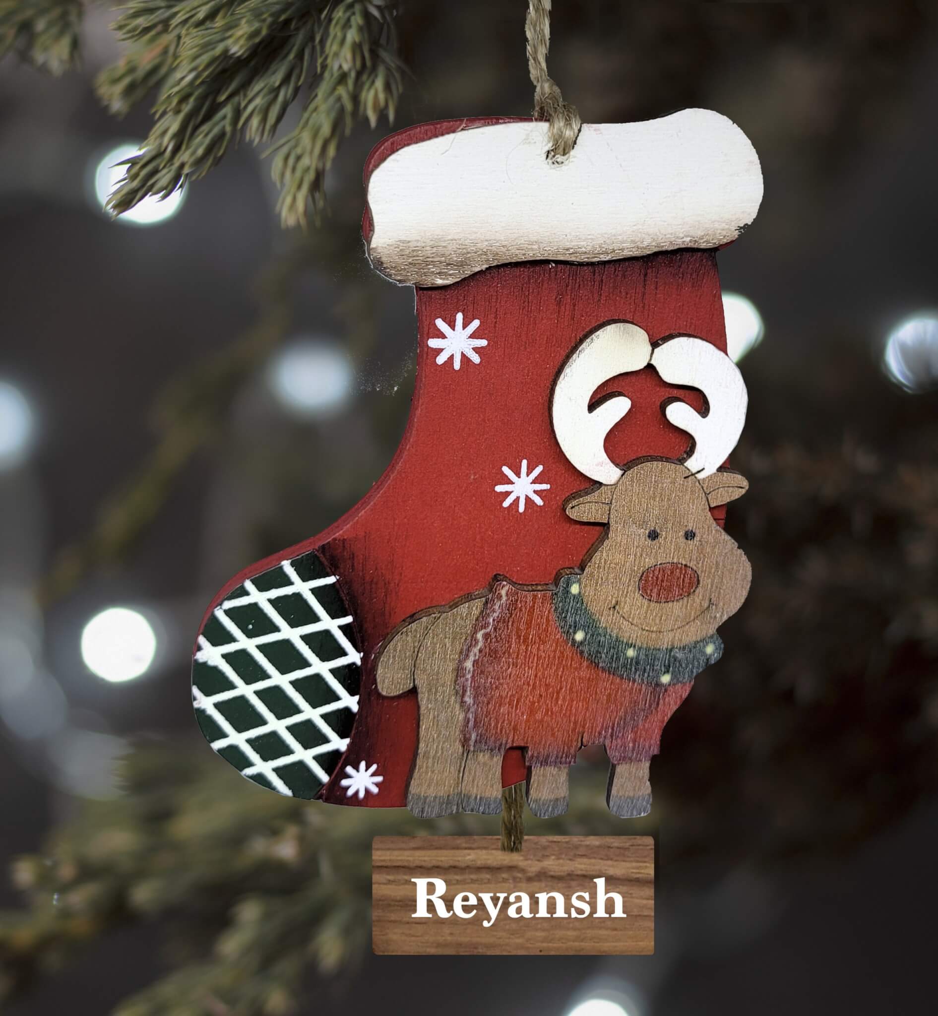 WOODEN REINDEER STOCKING ORNAMENT - RED 2