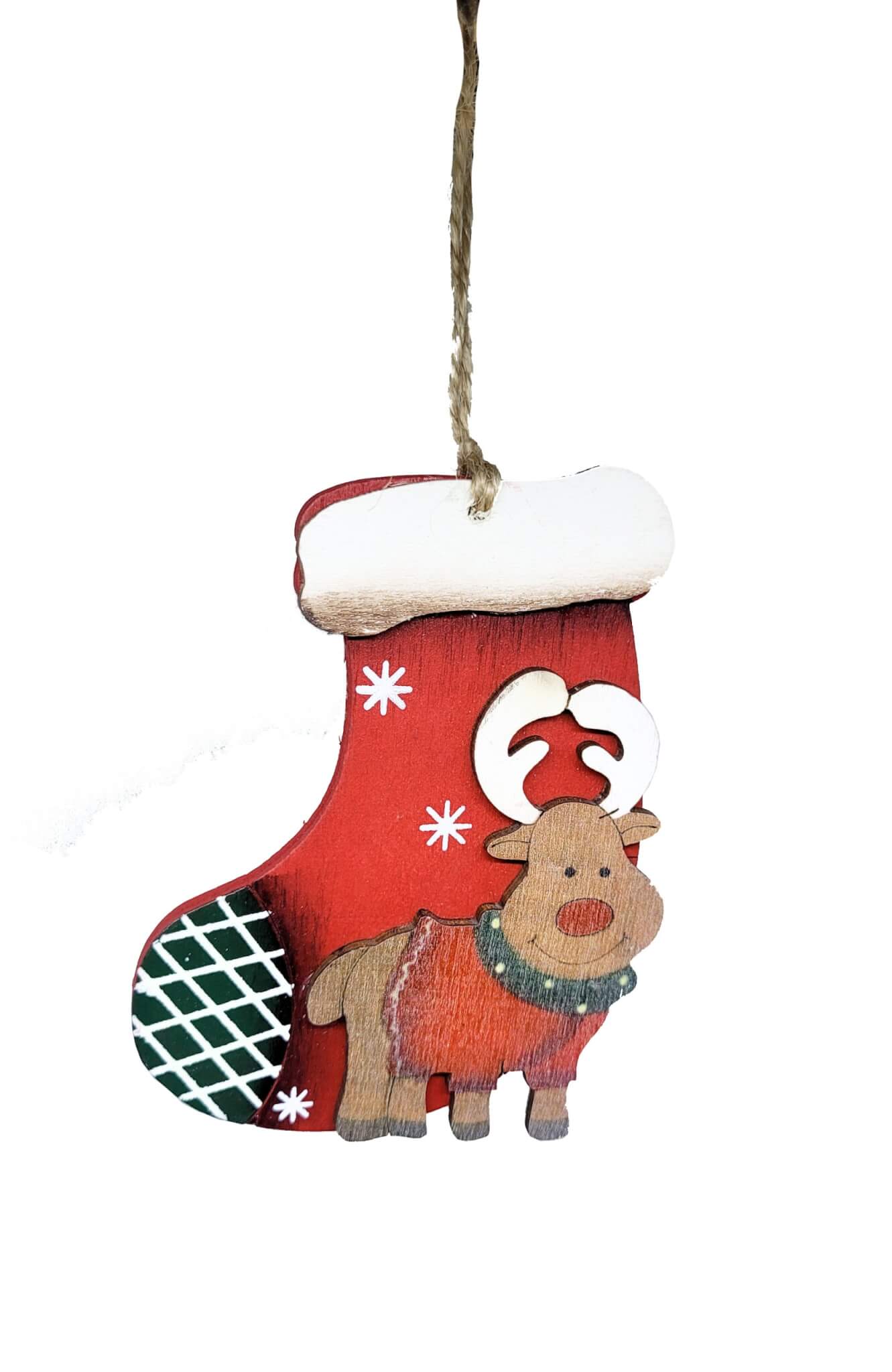 WOODEN REINDEER STOCKING ORNAMENT - RED 3